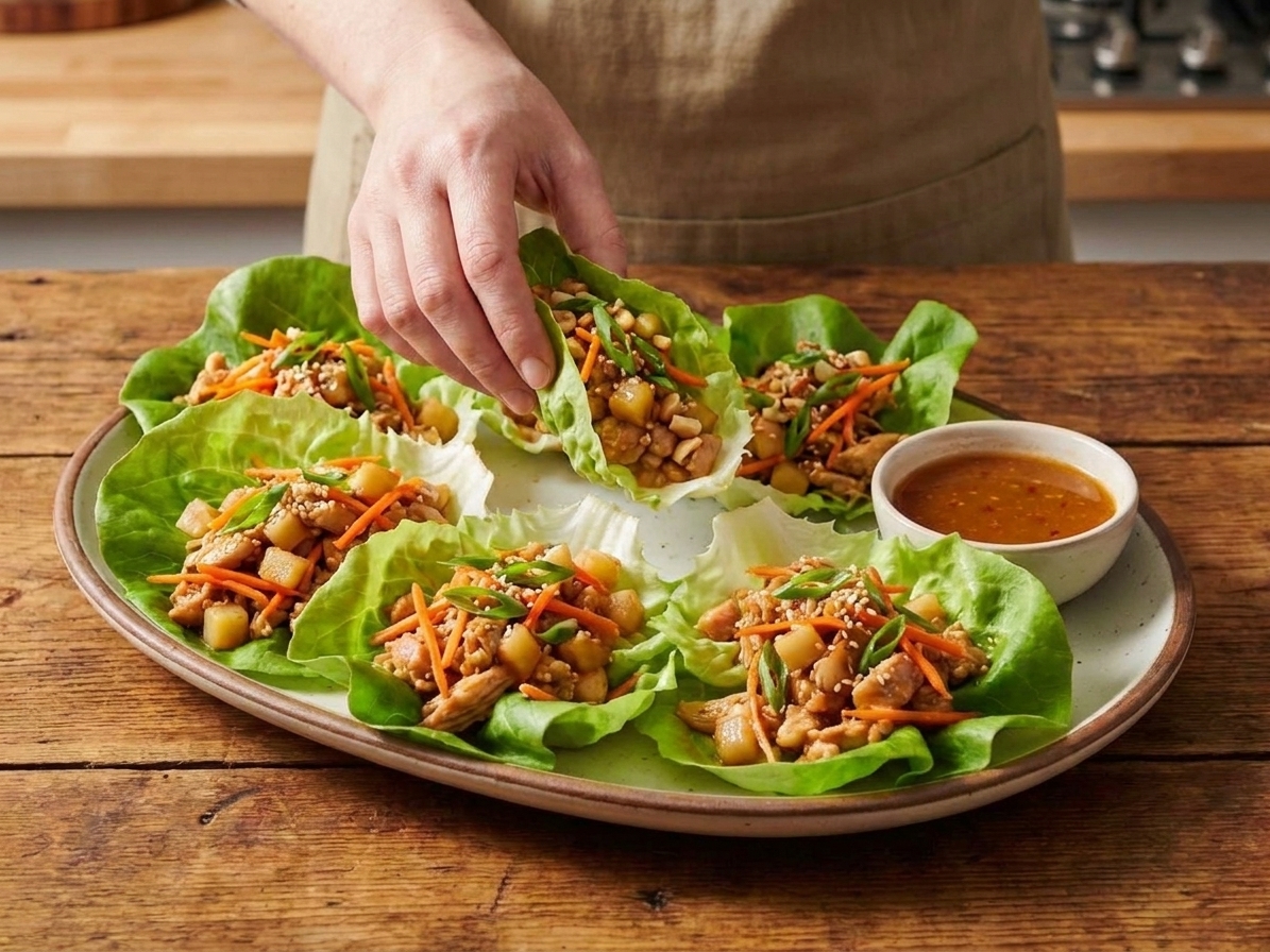 Butter lettuce cups filled with glossy chicken lettuce wrap filling and topped with sliced green onions and chopped peanuts on a serving platter