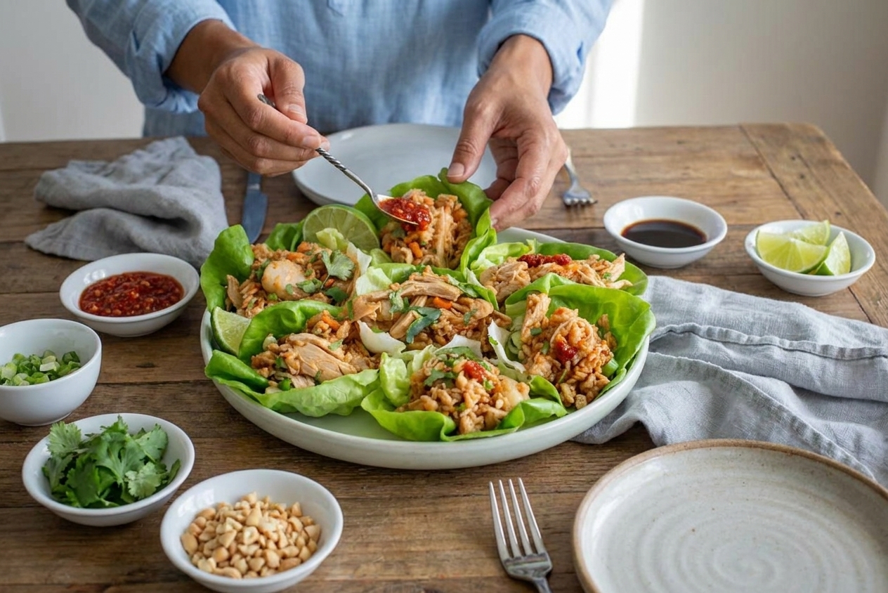 Butter lettuce cups filled with saucy chicken mixture on a platter with small bowls of toppings on a cozy dinner table
