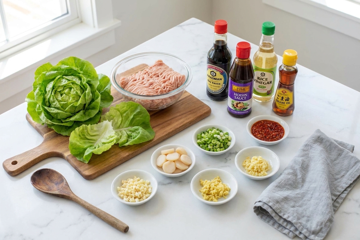 Butter lettuce, ground chicken, water chestnuts, green onions, garlic, ginger, soy sauce, hoisin, rice vinegar, and sesame oil arranged on a tidy kitchen counter