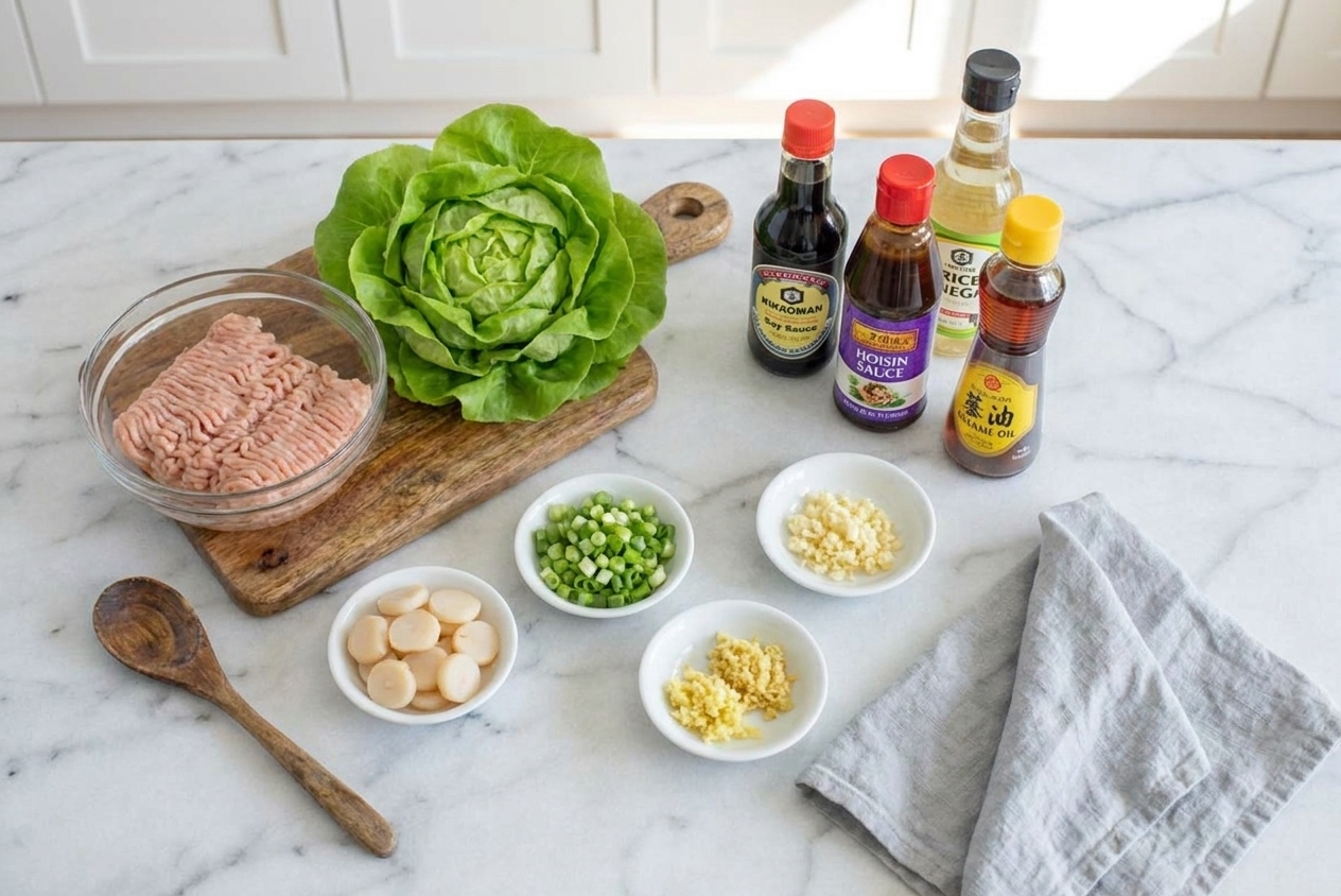 Butter lettuce, ground chicken, water chestnuts, green onions, garlic, ginger, soy sauce, hoisin, rice vinegar, and sesame oil arranged on a tidy kitchen counter