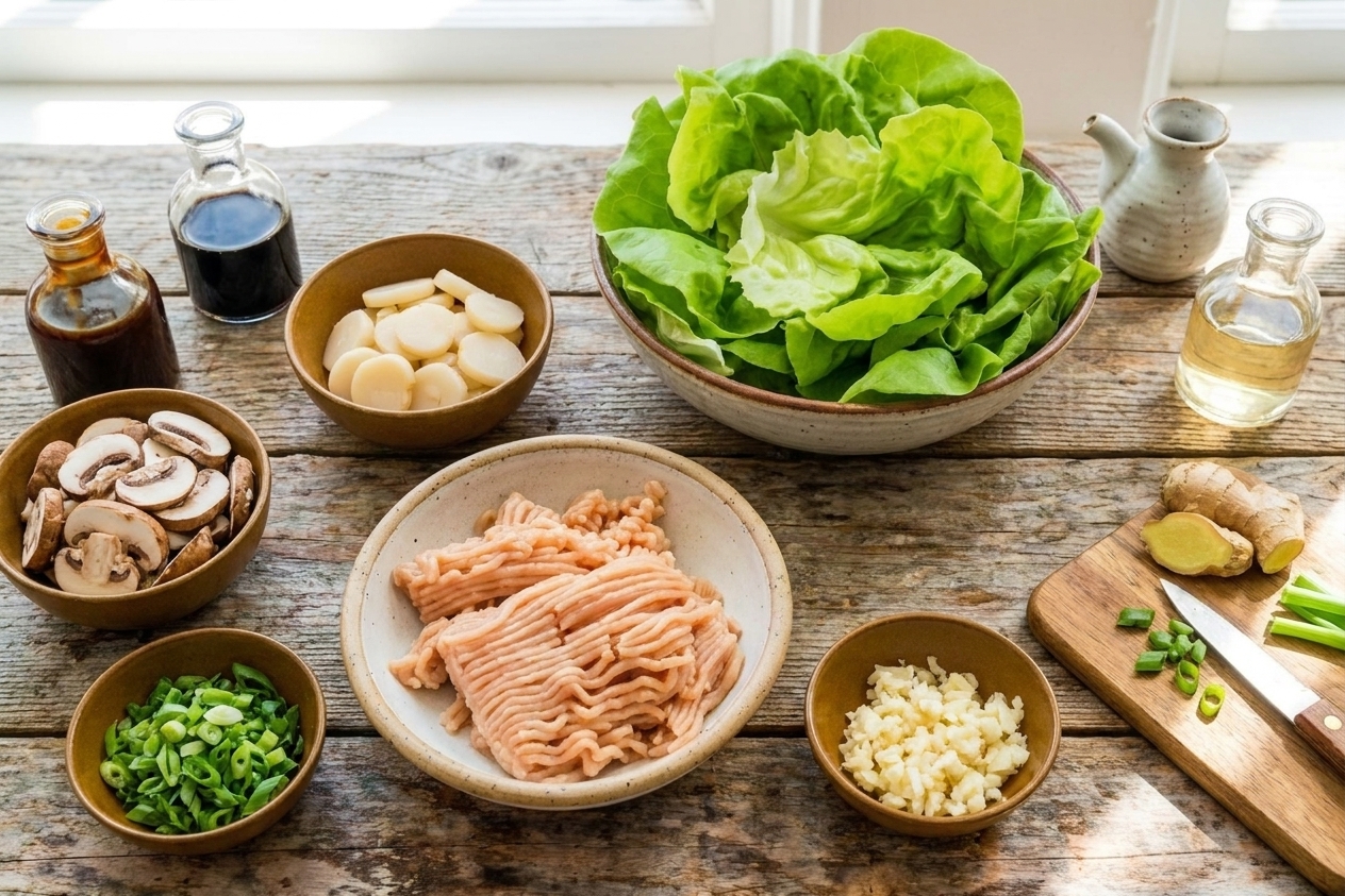 Butter lettuce, ground chicken, water chestnuts, mushrooms, green onions, garlic, ginger, soy sauce, hoisin sauce, and rice vinegar arranged on a bright kitchen counter