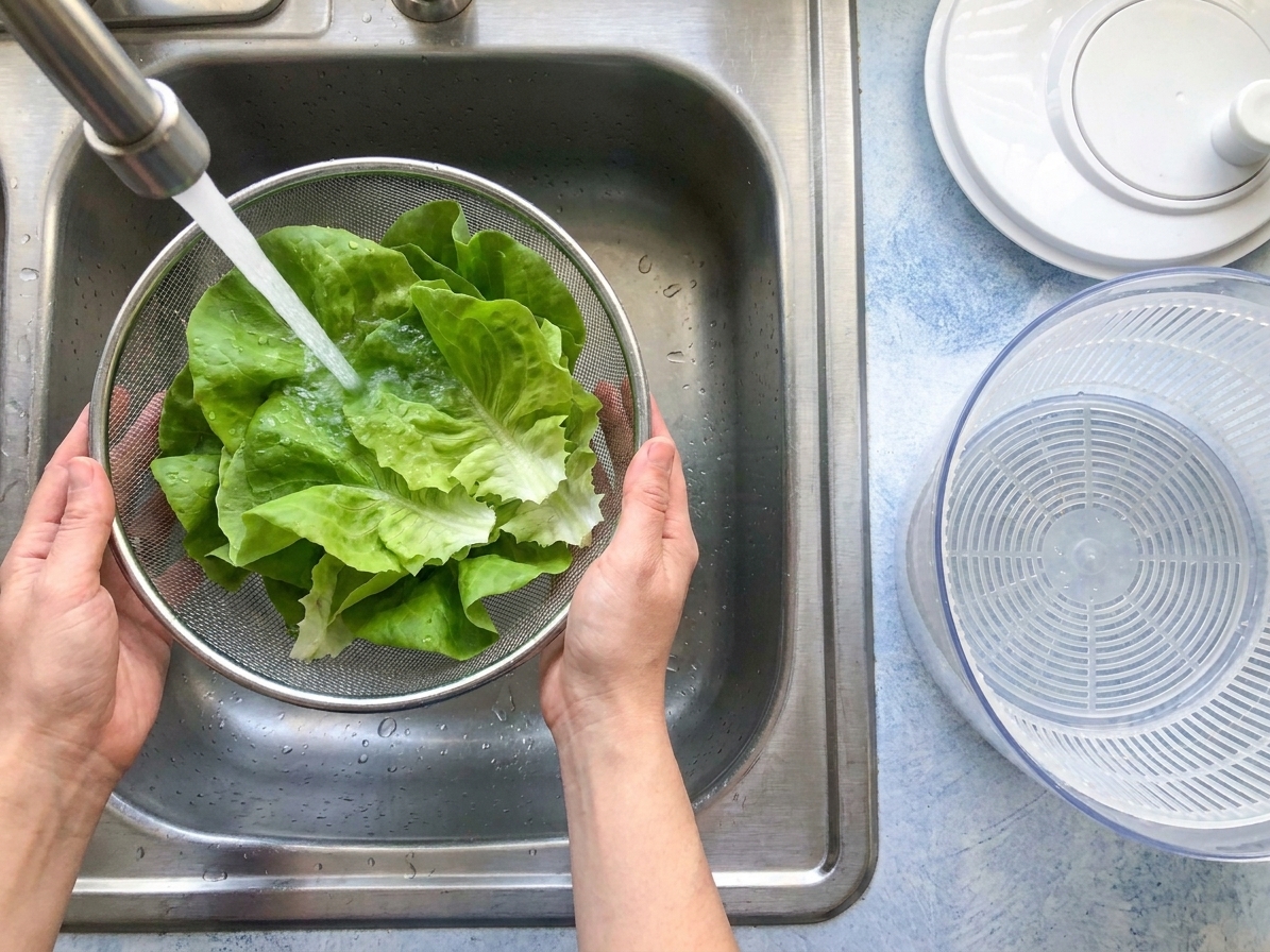 Butter lettuce leaves being rinsed under cool water in a stainless steel sink, with a salad spinner nearby on the counter