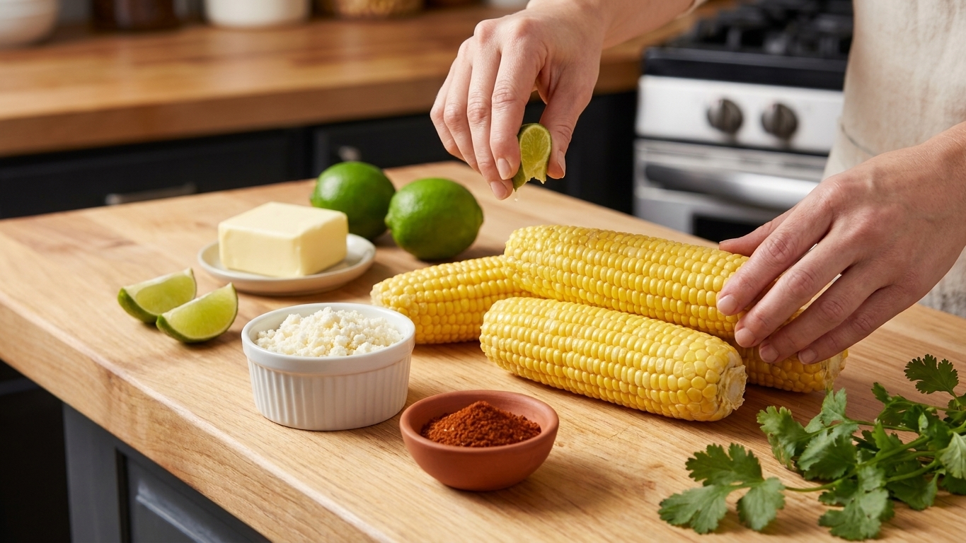 Butter, limes, chili powder, cotija cheese, and shucked corn arranged for recipe prep on a clean kitchen counter