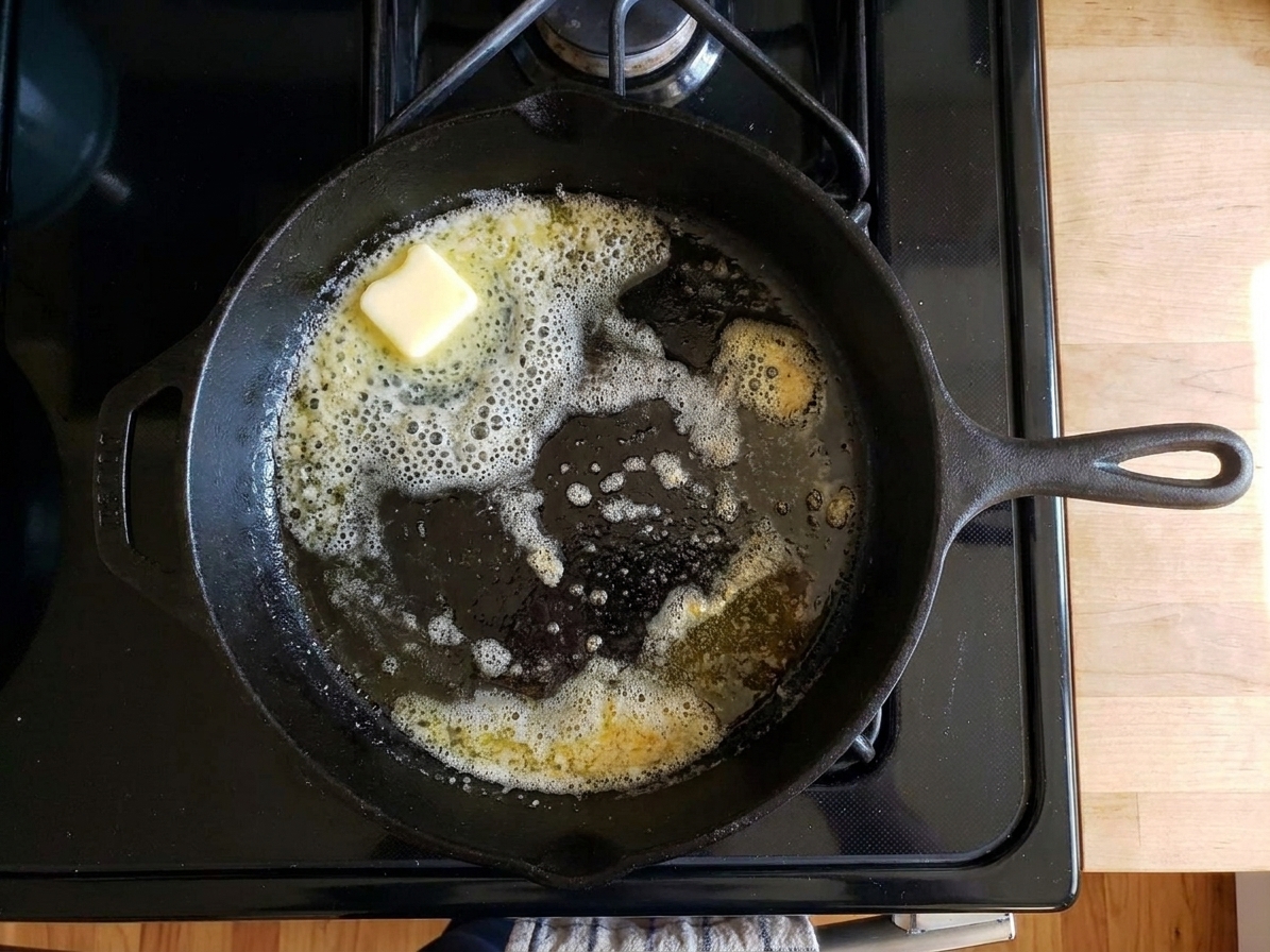 Butter melting and bubbling in a preheated cast iron skillet on a stovetop