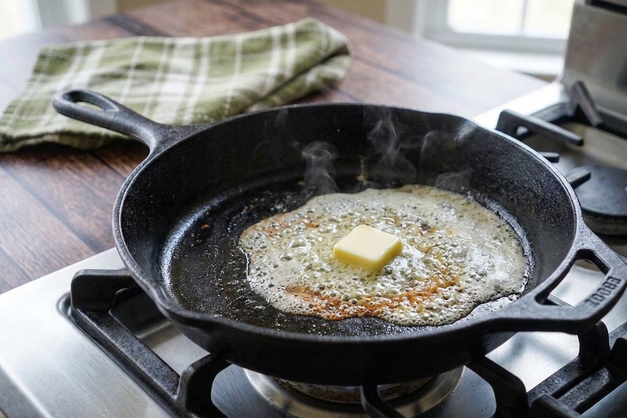 Butter melting and foaming in a hot cast iron skillet on a stovetop