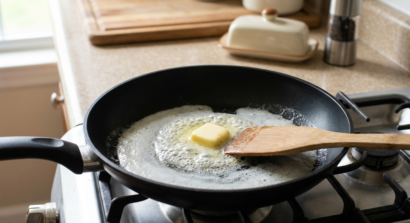 Butter melting and foaming in a nonstick skillet on a stove
