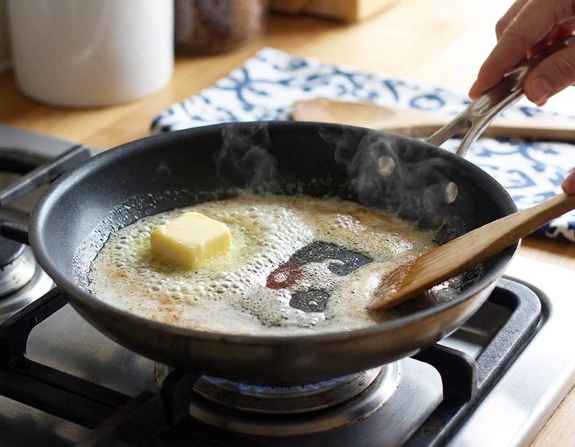 Butter melting and foaming in a nonstick skillet on a stovetop over medium heat