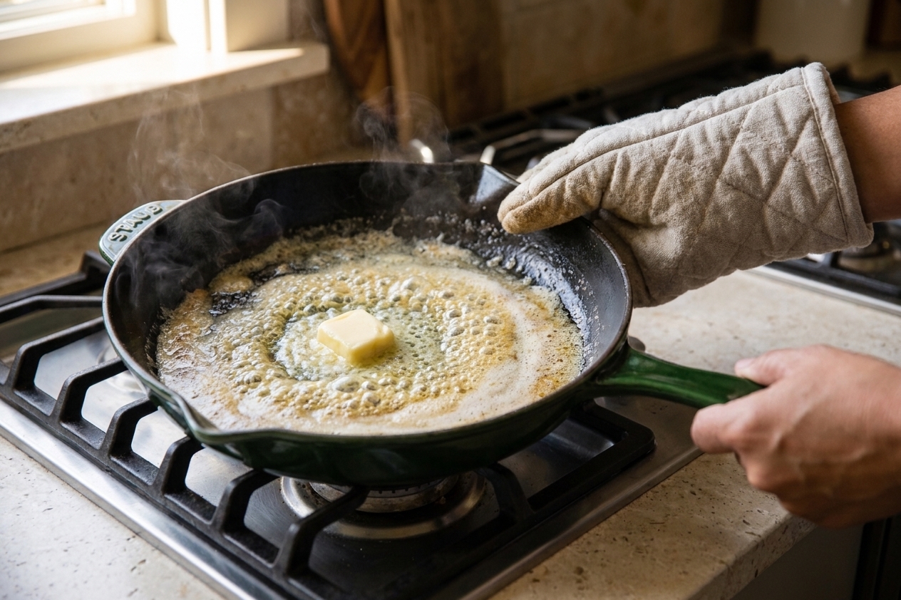 Butter melting and foaming in a preheated cast iron skillet held with an oven mitt over a stovetop