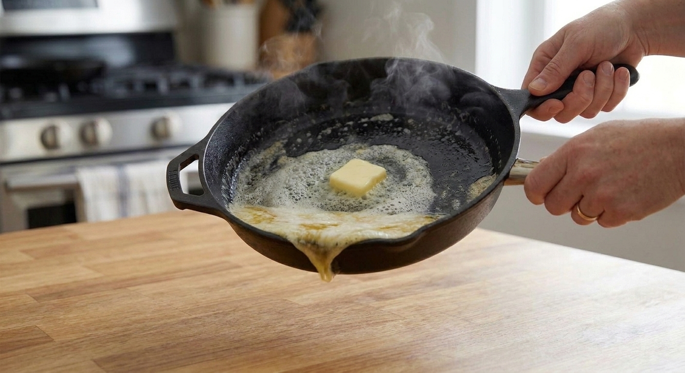Butter melting and foaming in a preheated cast iron skillet as it is tilted to coat the surface on a heat-safe counter
