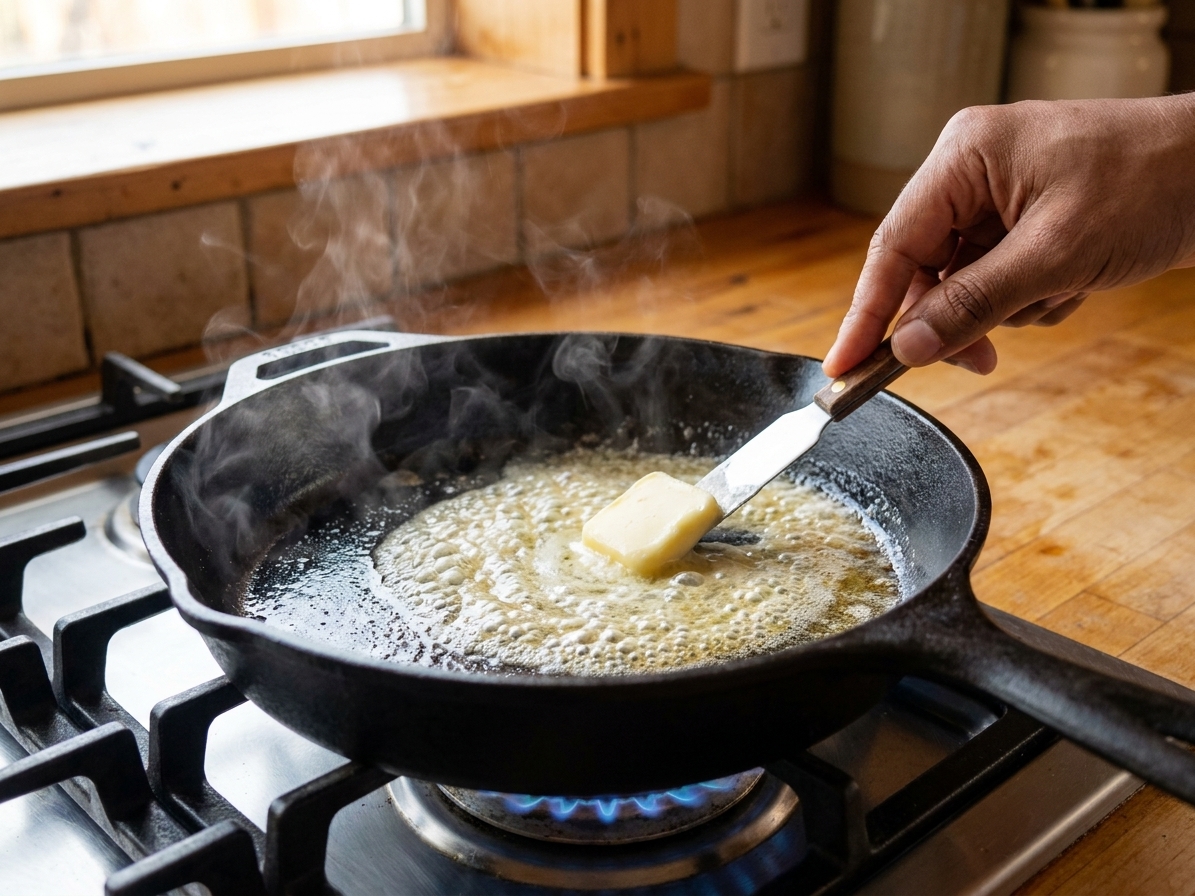 Butter melting and foaming in a preheated skillet on a stovetop, ready for pancake batter