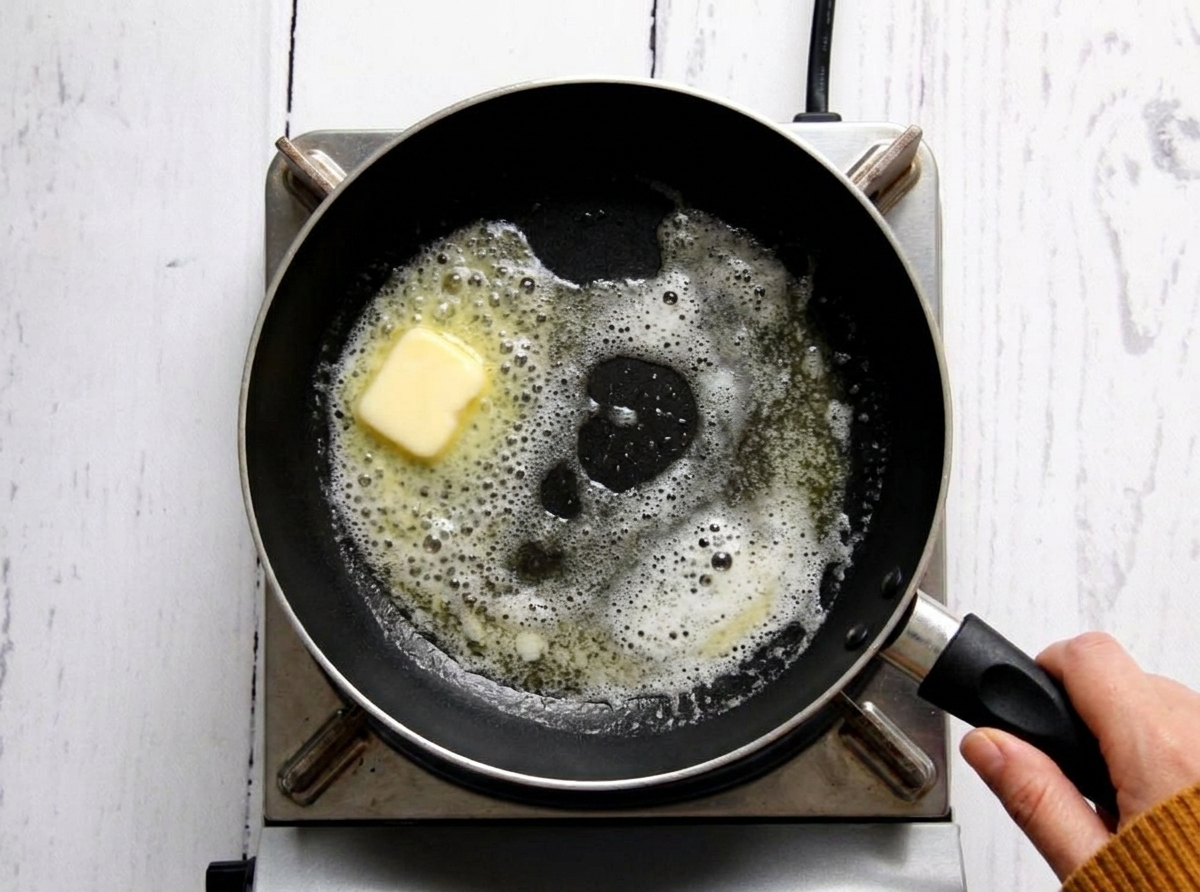 Butter melting and foaming in a small nonstick skillet on a stovetop