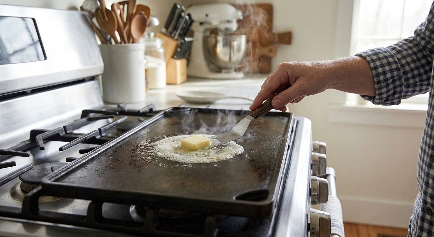 Butter melting and foaming lightly on a hot flat griddle surface