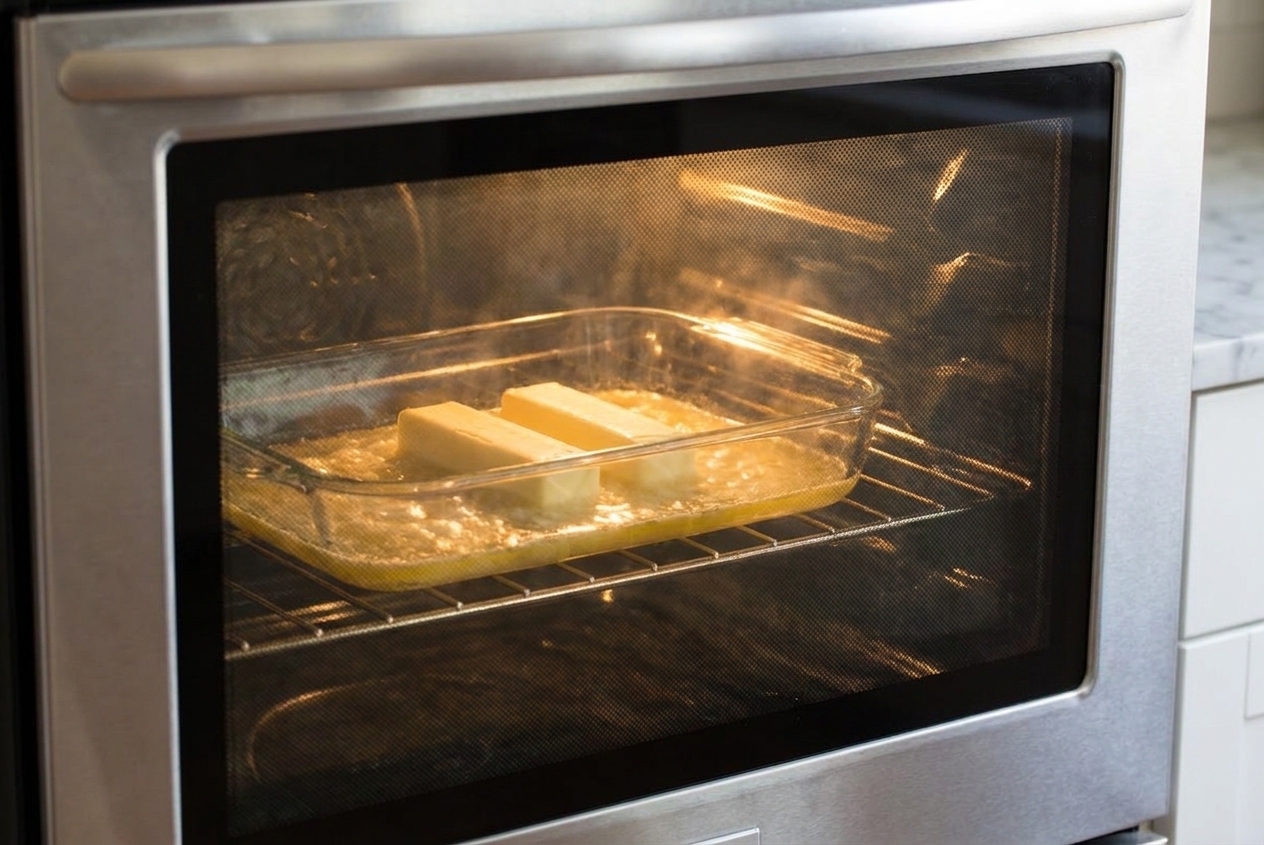 Butter melting in a baking dish inside an oven, seen through the oven door with warm kitchen lighting
