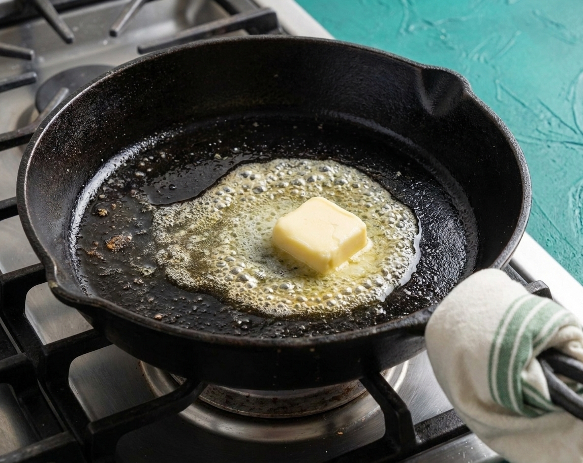 Butter melting in a cast iron skillet on a stovetop, ready for batter