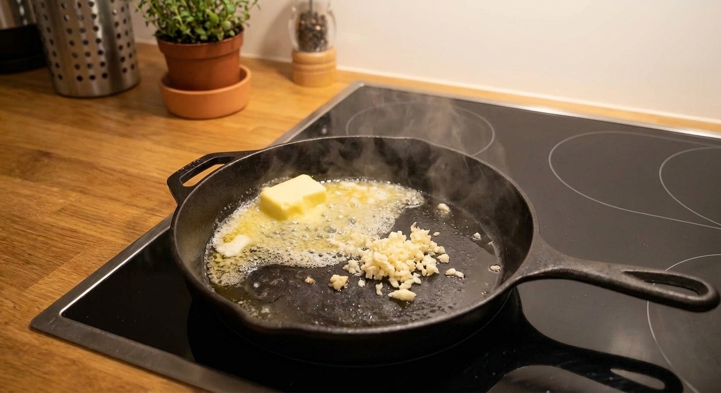 Butter melting in a hot skillet with minced garlic ready to be stirred in on a stovetop