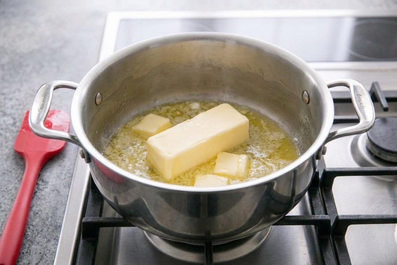 Butter melting in a large pot on the stovetop over low heat, with a rubber spatula resting nearby