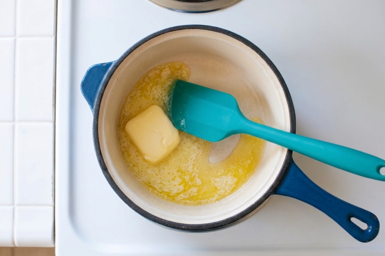 Butter melting in a large saucepan on a stovetop with a silicone spatula ready to stir