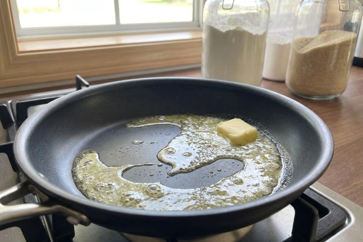 Butter melting in a nonstick skillet on a stovetop, creating a glossy coating across the pan surface