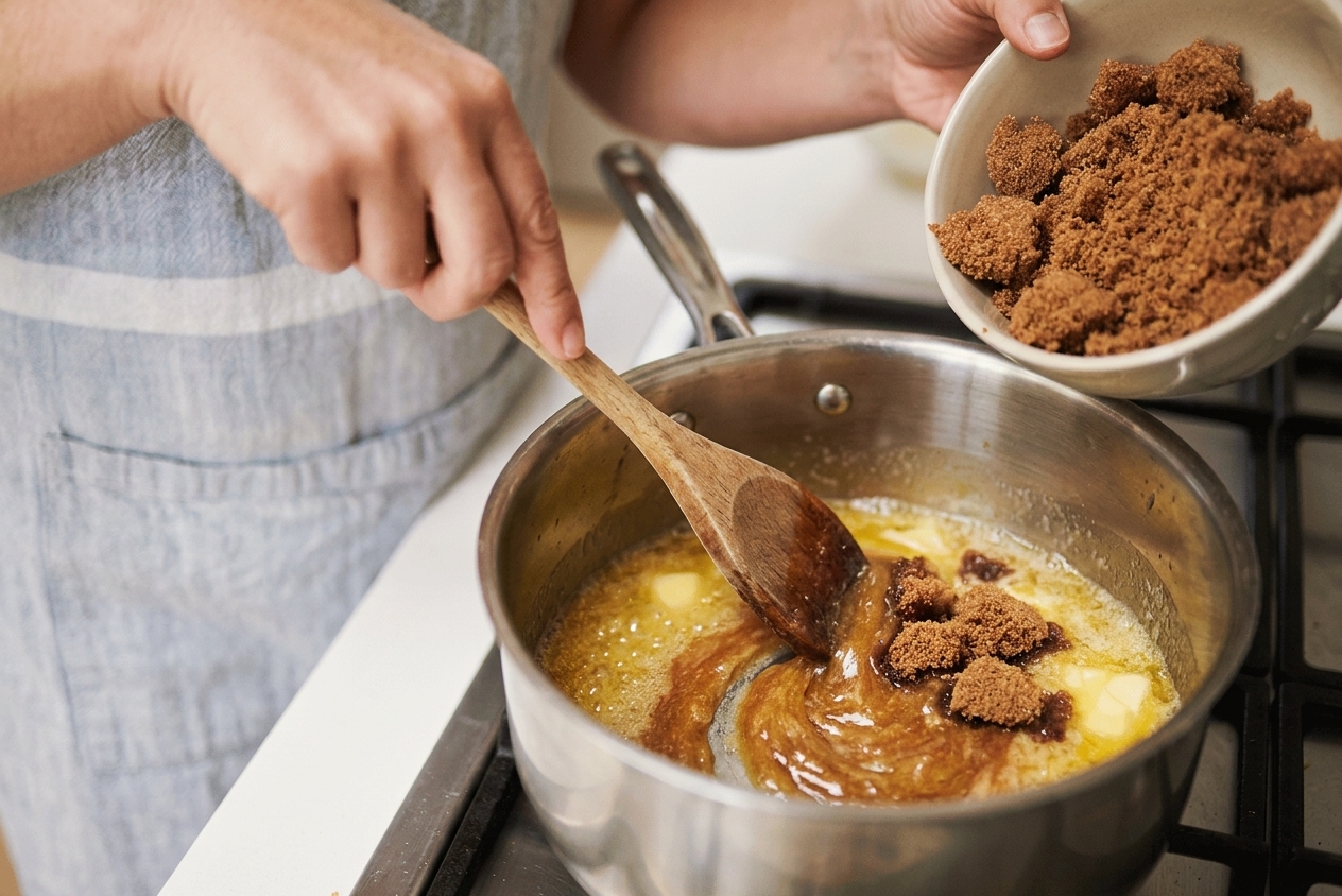 Butter melting in a saucepan as brown sugar is added, being stirred with a wooden spoon on a stovetop