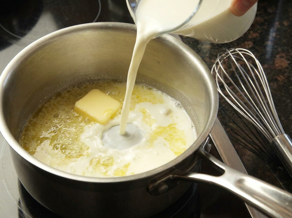 Butter melting in a saucepan as milk is poured in, with a whisk resting nearby on the counter