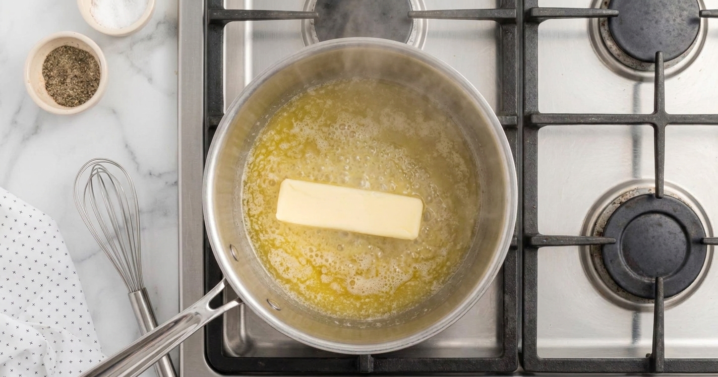 Butter melting in a saucepan on a stove with a whisk resting nearby in a bright home kitchen