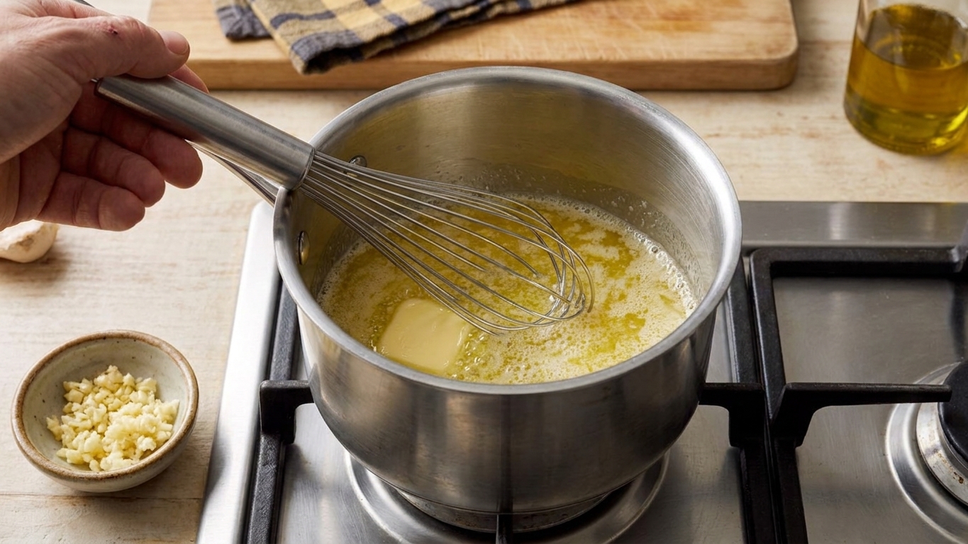 Butter melting in a saucepan on a stovetop with a whisk and minced garlic nearby