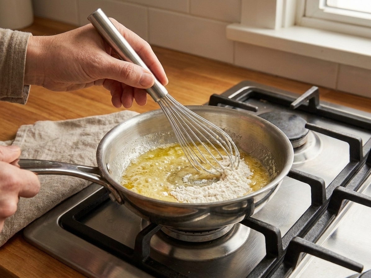 Butter melting in a saucepan while flour is being whisked in to form a smooth roux on a stovetop