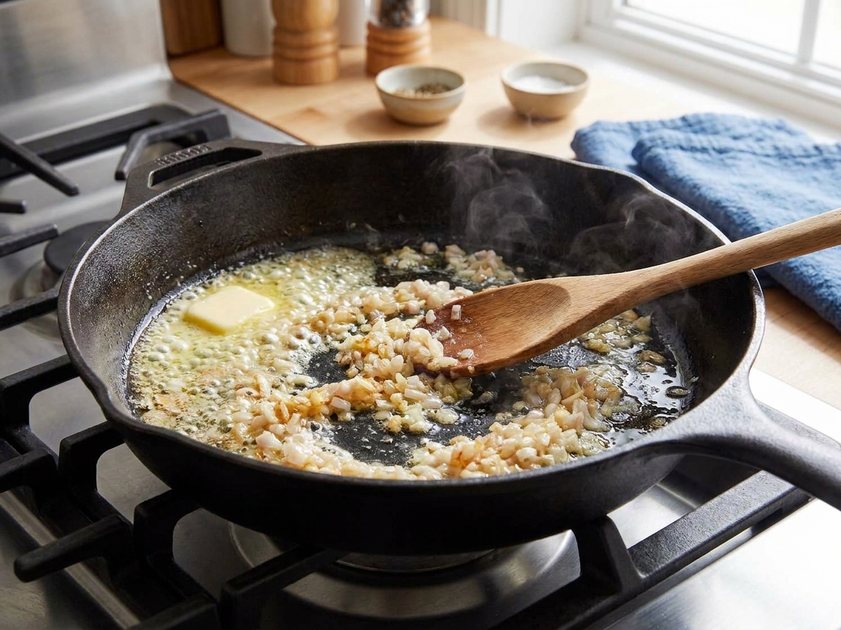 Butter melting in a skillet as minced shallot sizzles and turns translucent on a stovetop