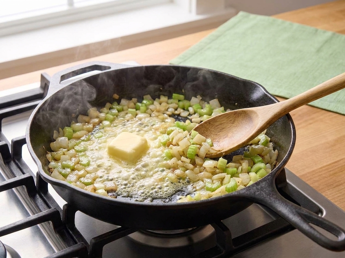Butter melting in a skillet while diced onion and celery sauté on the stovetop