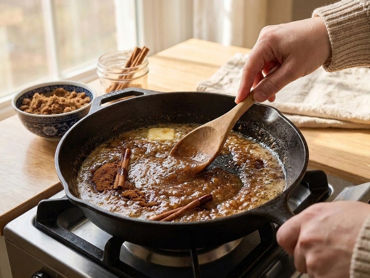 Butter melting in a skillet with brown sugar and cinnamon being stirred with a wooden spoon, creating a glossy spiced paste