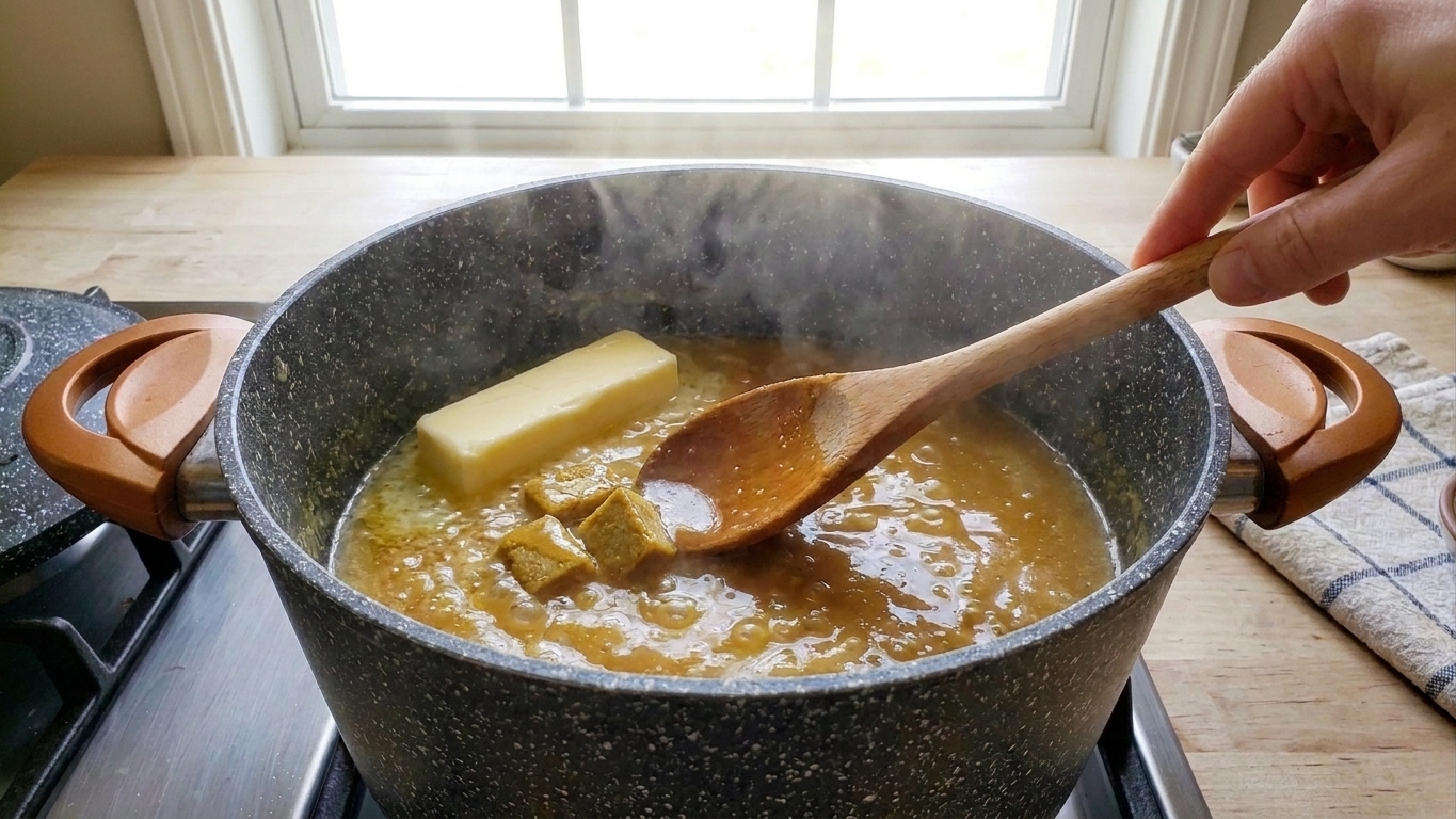 Butter melting in a skillet with chicken bouillon being stirred in, forming a glossy golden sauce