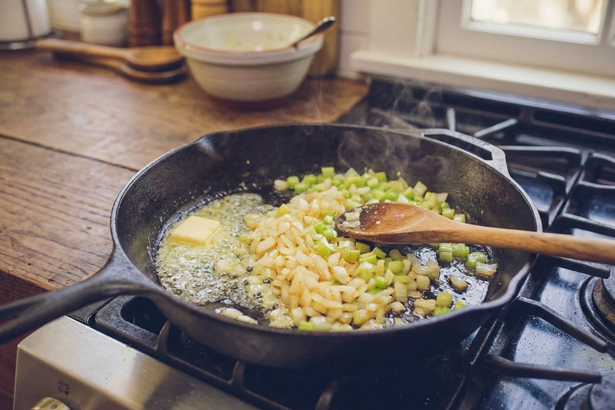 Butter melting in a skillet with chopped onion and celery being sautéed on a stovetop in a warm, home kitchen