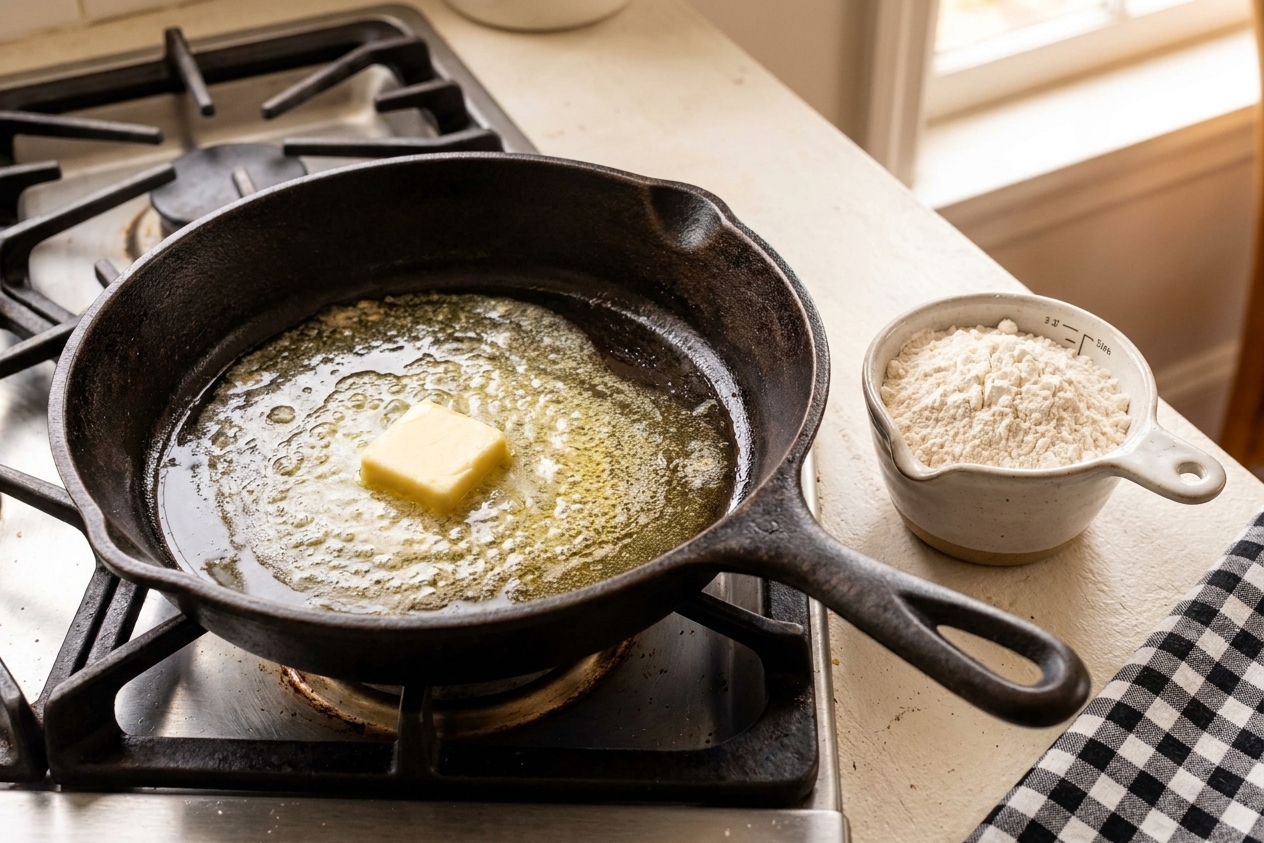 Butter melting in a skillet with flour nearby on a clean stove setup, ready to start a roux