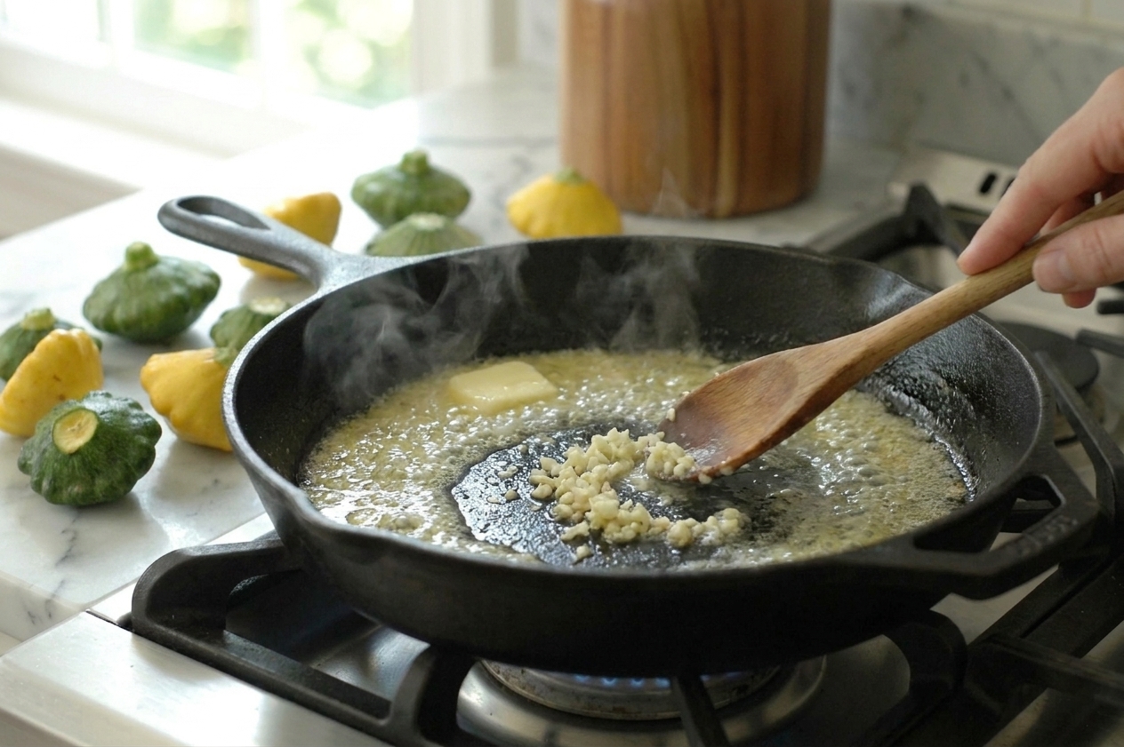 Butter melting in a skillet with minced garlic being stirred in, patty pan squash visible around the edges