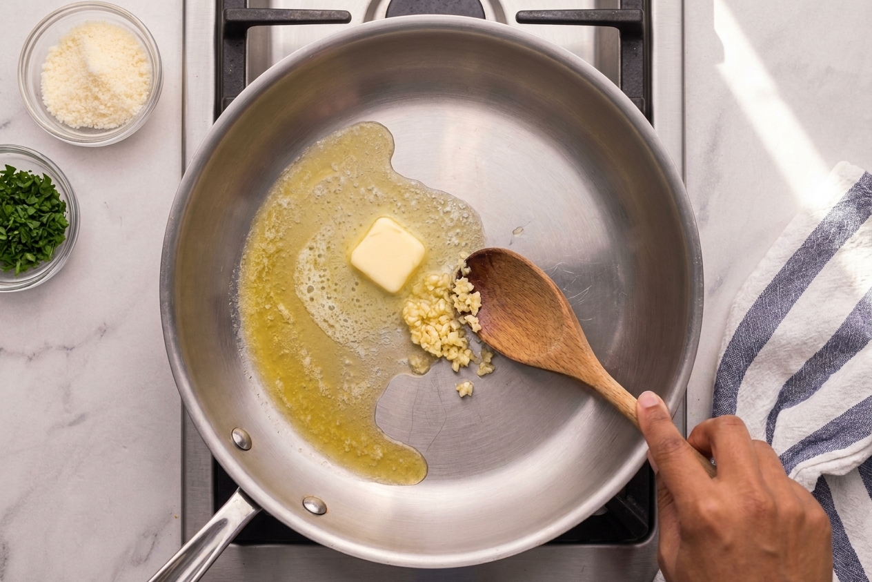 Butter melting in a skillet with minced garlic ready to be stirred in on a stovetop