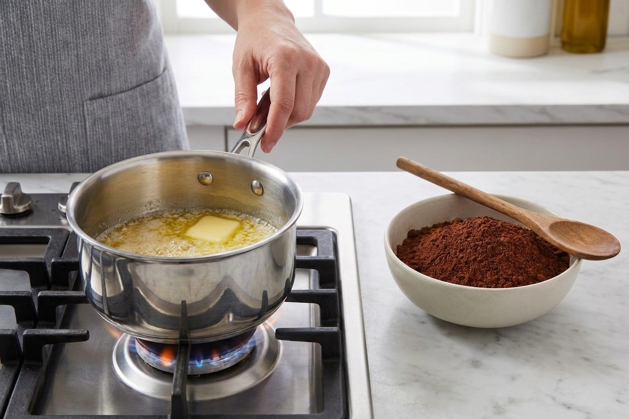 Butter melting in a small saucepan next to a bowl of cocoa powder on a stove, ready to start chocolate frosting