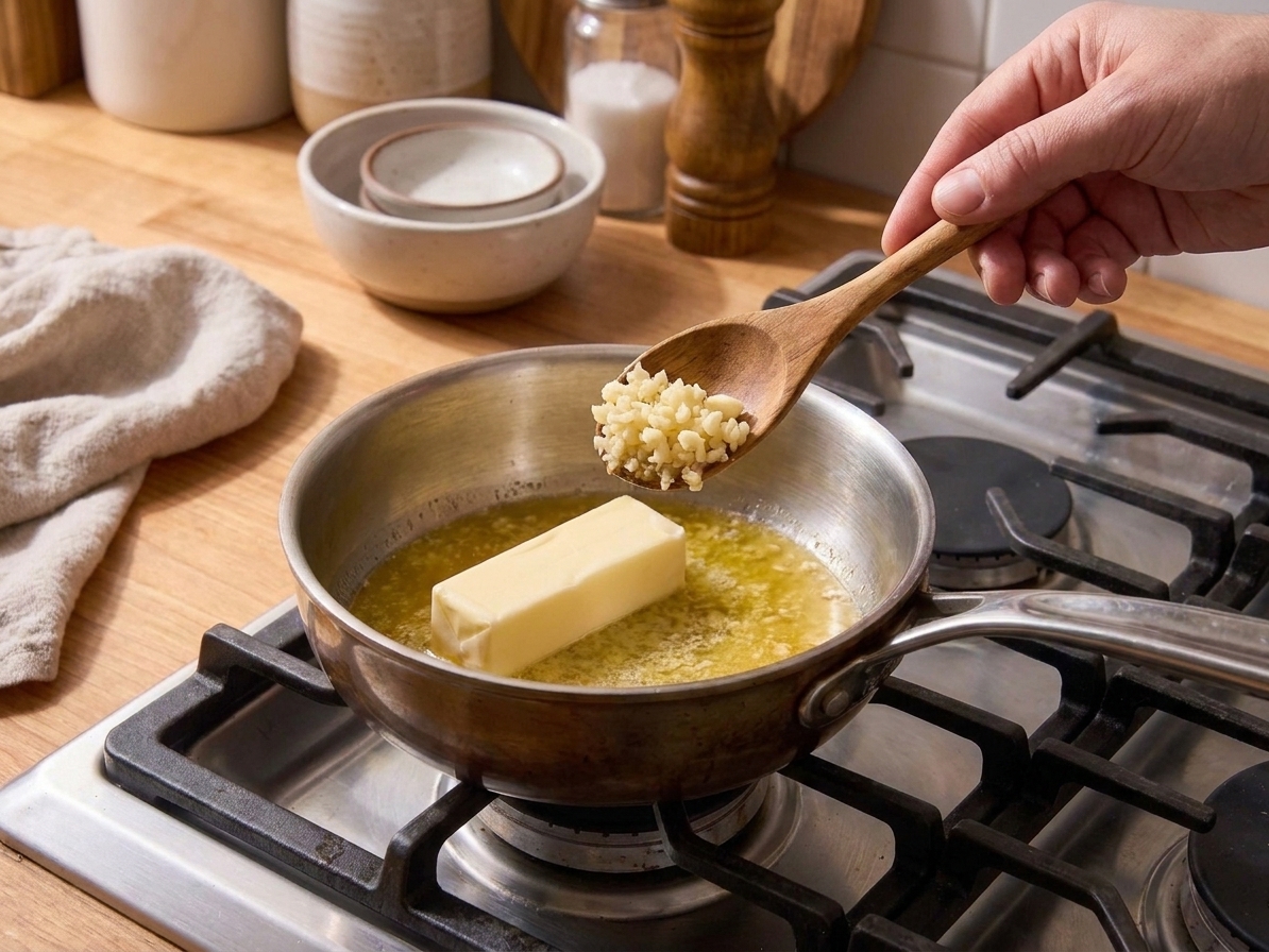 Butter melting in a small saucepan with a mound of freshly minced garlic ready to be stirred in, photographed over a home stove