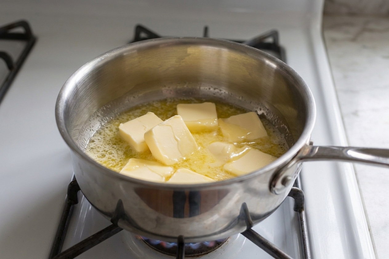 Butter melting in a stainless steel saucepan on a stovetop over low heat