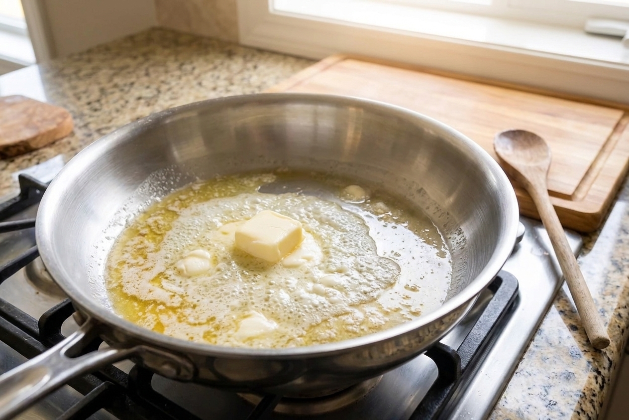 Butter melting in a wide skillet on the stove with a wooden spoon nearby, kitchen counter in soft warm light