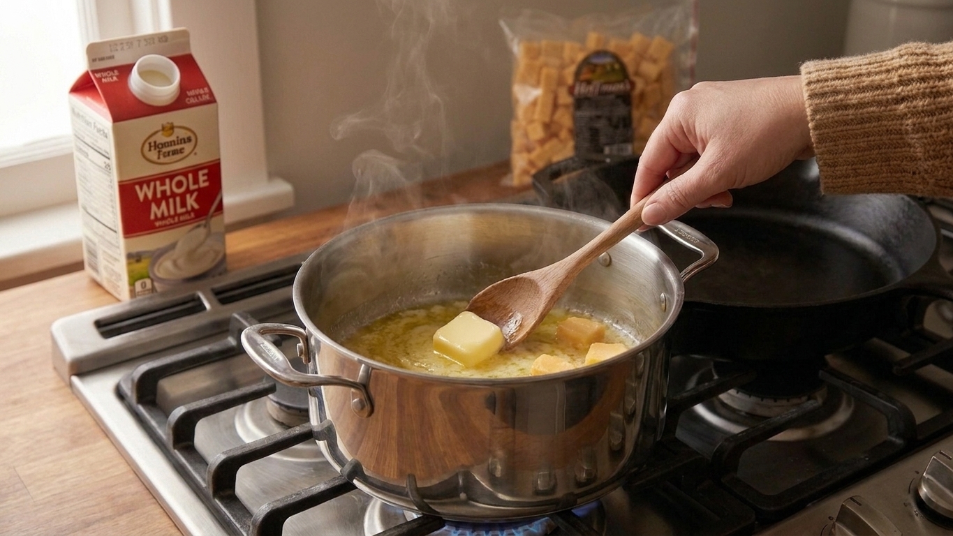 Butter melting in the bottom of a warm pot on the stove, ready for milk to be added