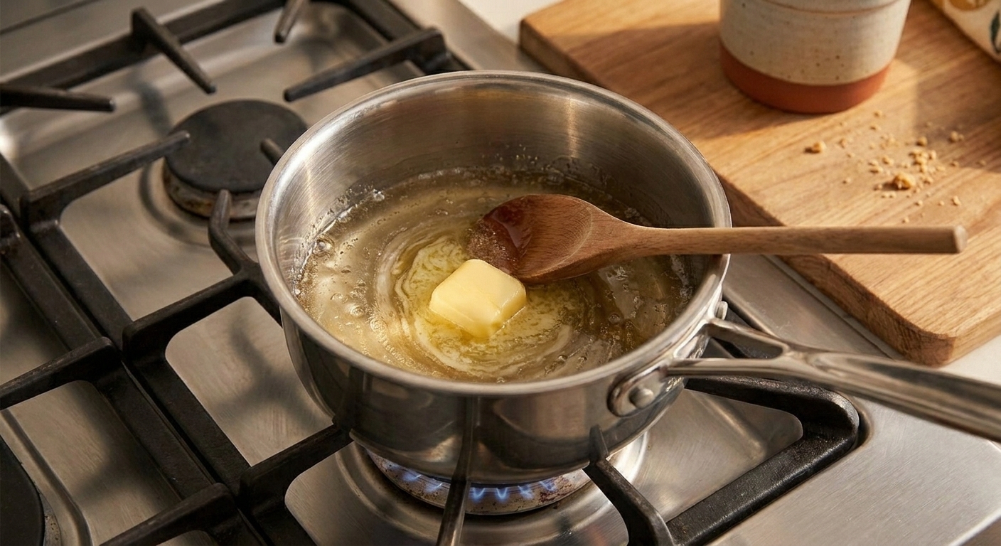 Butter melting into corn syrup in a small saucepan on the stove, creating a glossy syrup