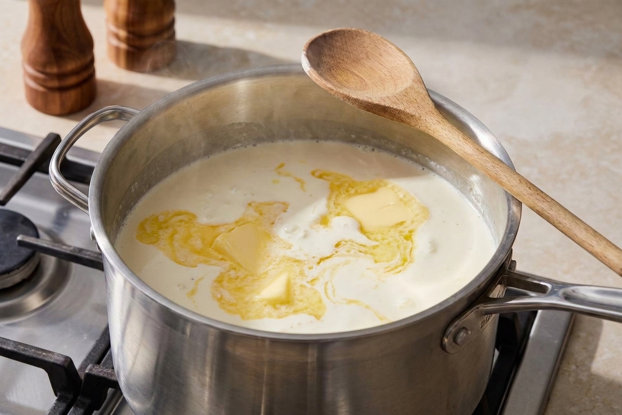 Butter melting into warm cream in a small saucepan on a stove, with a wooden spoon resting nearby