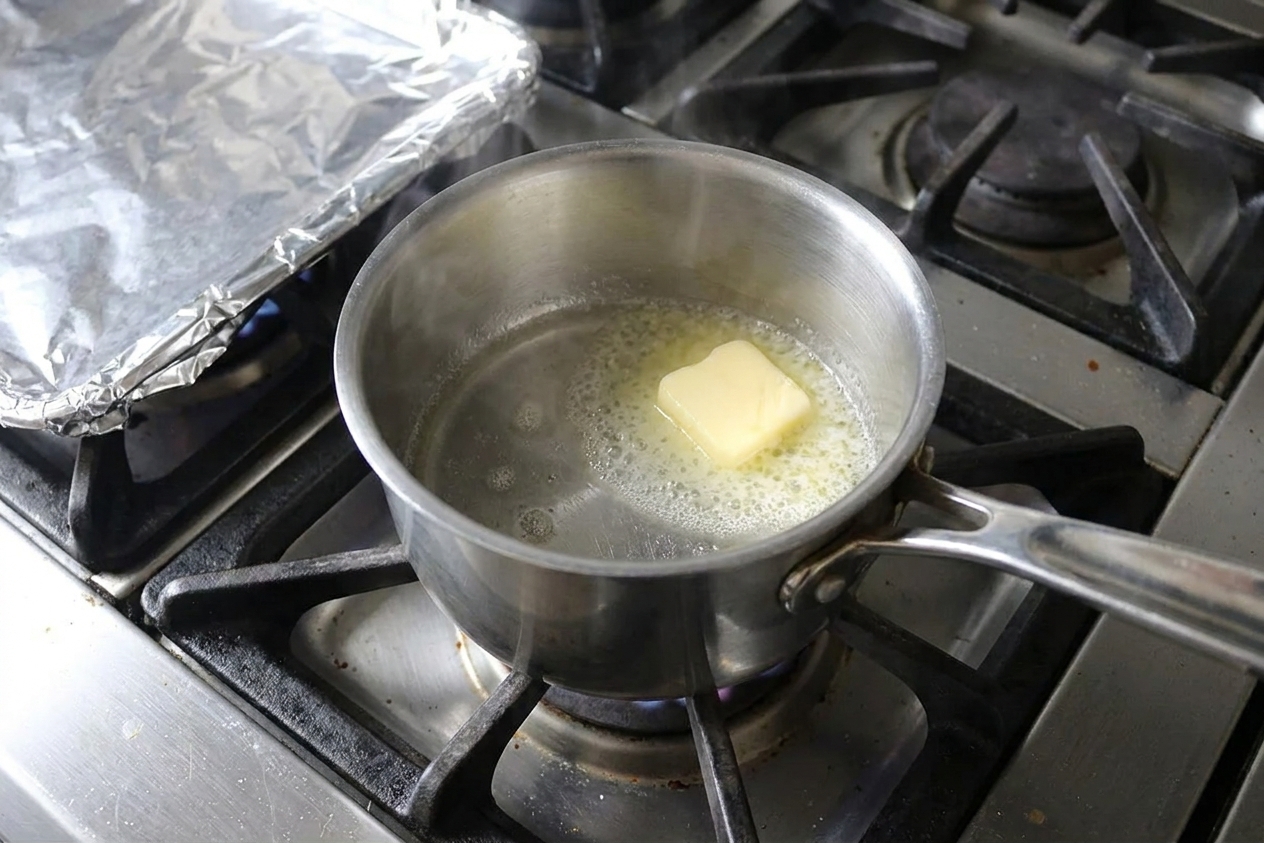 Butter melting into water in a small saucepan over low heat on a stovetop