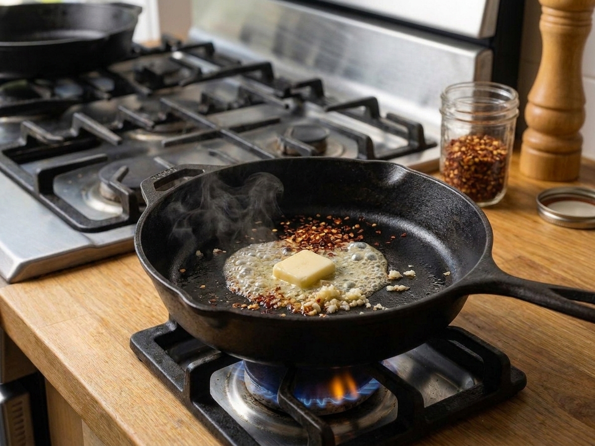 Butter melting with chili flakes and minced garlic in a small skillet on the stove, gently bubbling
