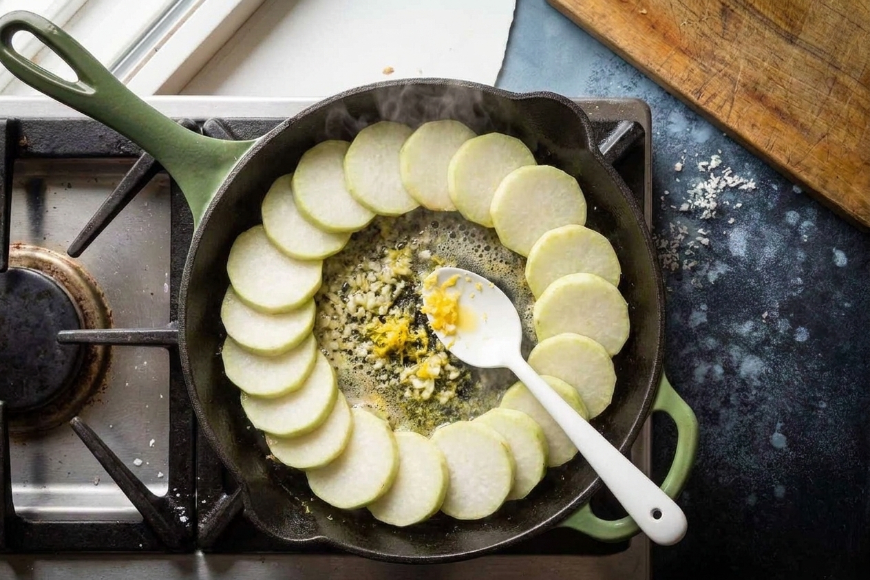 Butter melting with minced garlic and lemon zest in the center of a skillet, with kohlrabi coins pushed to the edges