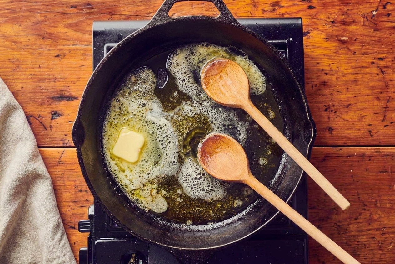 Butter melting with olive oil in a large skillet, just starting to foam