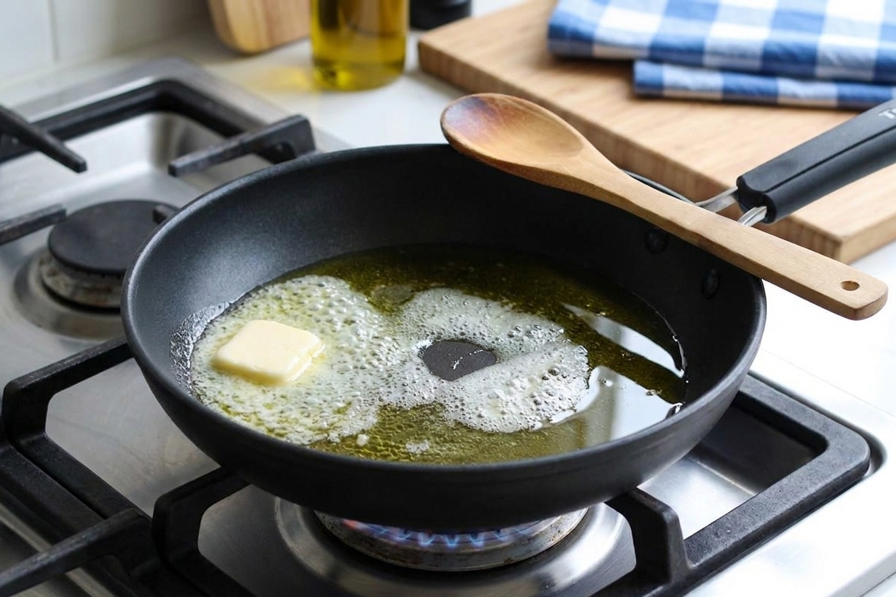 Butter melting with olive oil in a wide skillet on a stovetop, bubbling lightly