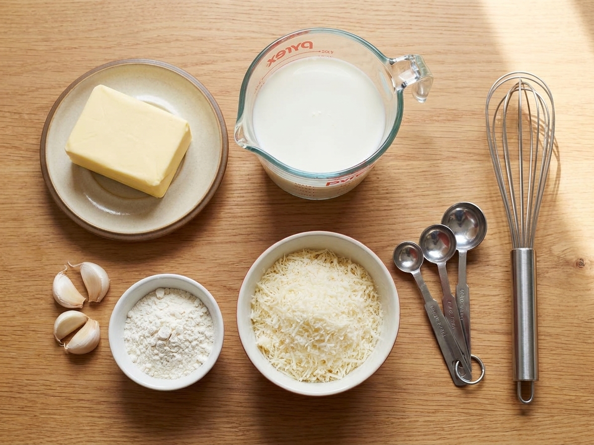 Butter, milk, garlic, flour, and grated Parmesan arranged on a clean kitchen counter with measuring spoons and a whisk