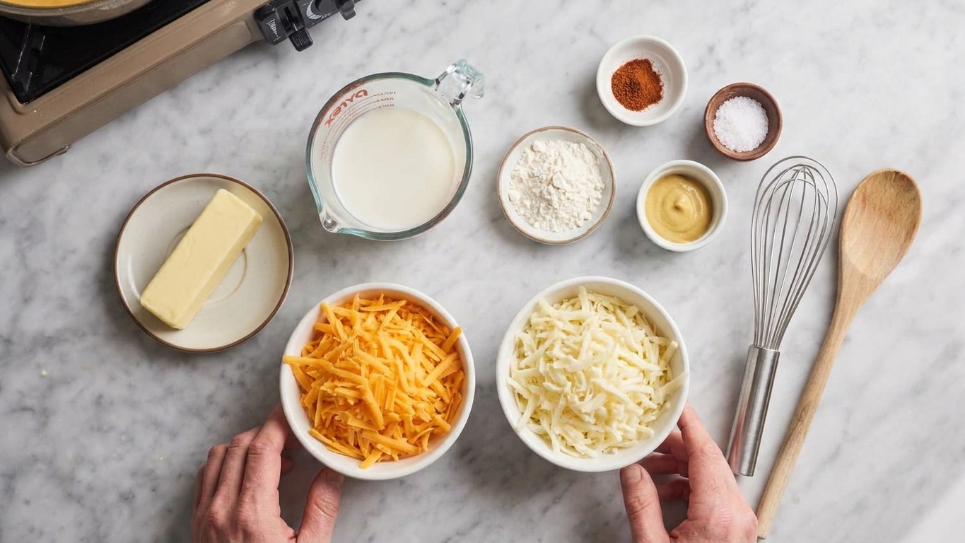 Butter, milk, shredded cheddar, shredded mozzarella, flour, mustard, paprika, and salt on a bright kitchen counter ready for mac and cheese