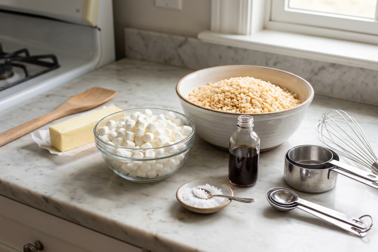 Butter, mini marshmallows, Rice Krispies cereal, vanilla extract, and flaky salt arranged on a kitchen counter with measuring tools